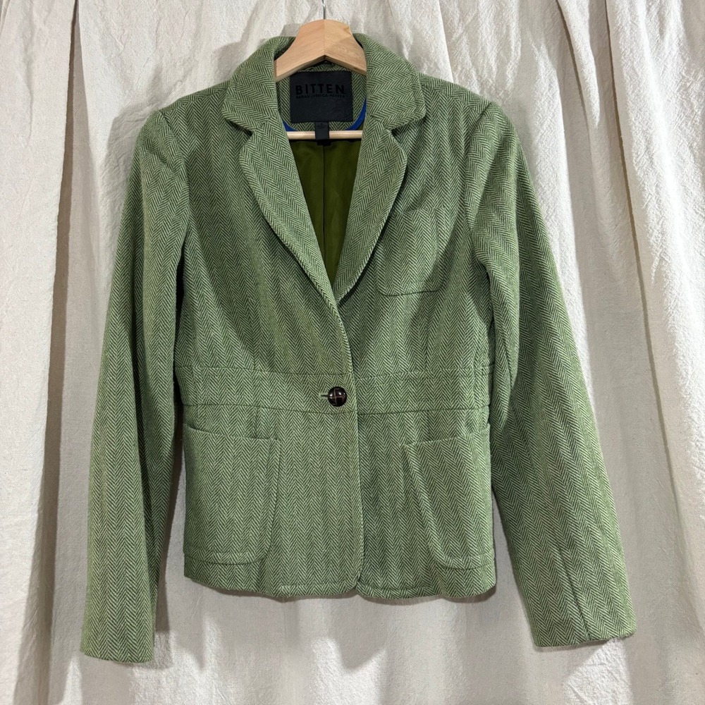 Bitten Sarah Jessica Parker Green Herringbone Blazer Jacket Small Single Button